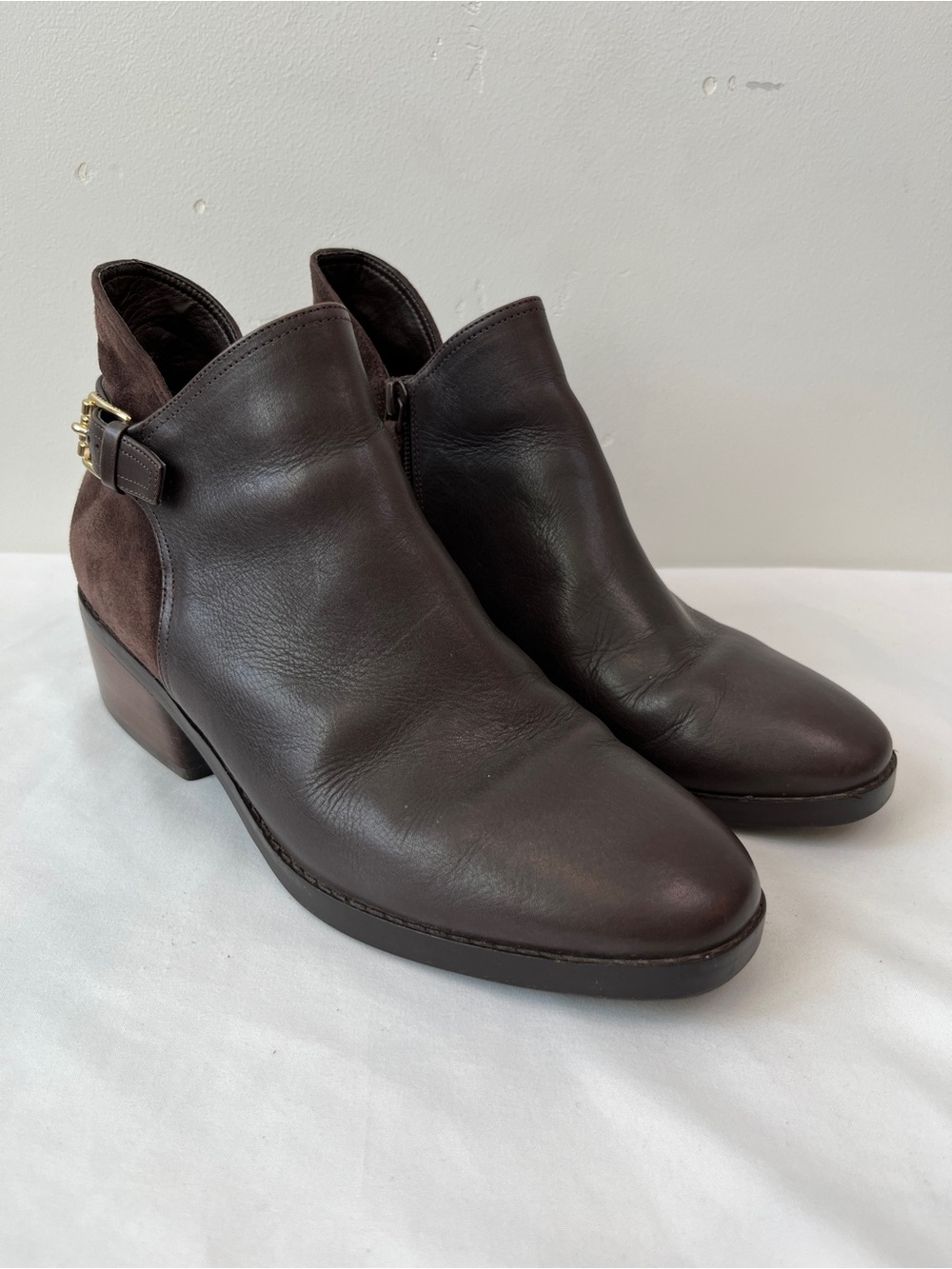 Cole Haan Grand.OS Brown Leather Suede Ankle Booties Side Buckle Size 8B